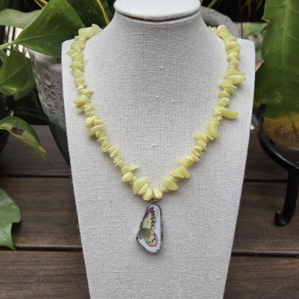 Butterfly Broken China Plate Silver Soldered Pendant Yellow Jasper Chip Necklace